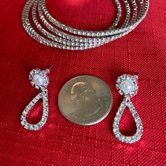 silver rhinestone teardrop statement earrings with pearls and CZ wrap bracelet - Picture 6 of 10